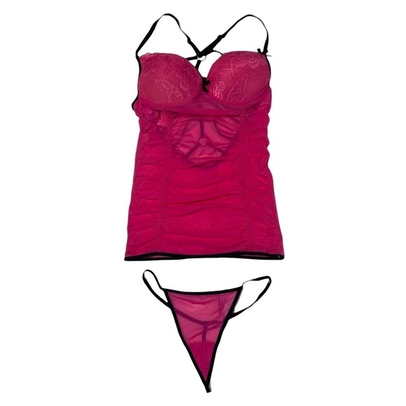 Ooh La La Cheri Paris New Without Tags Strappy Back Lace Ruched Nighty Thong Set - Picture 1 of 15